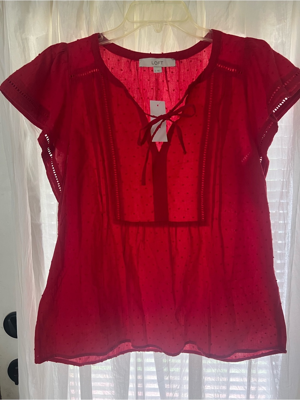 NWT LOFT Bright Red Tie-Neck Swiss Dot Peasant Blouse S ladder trim cutout